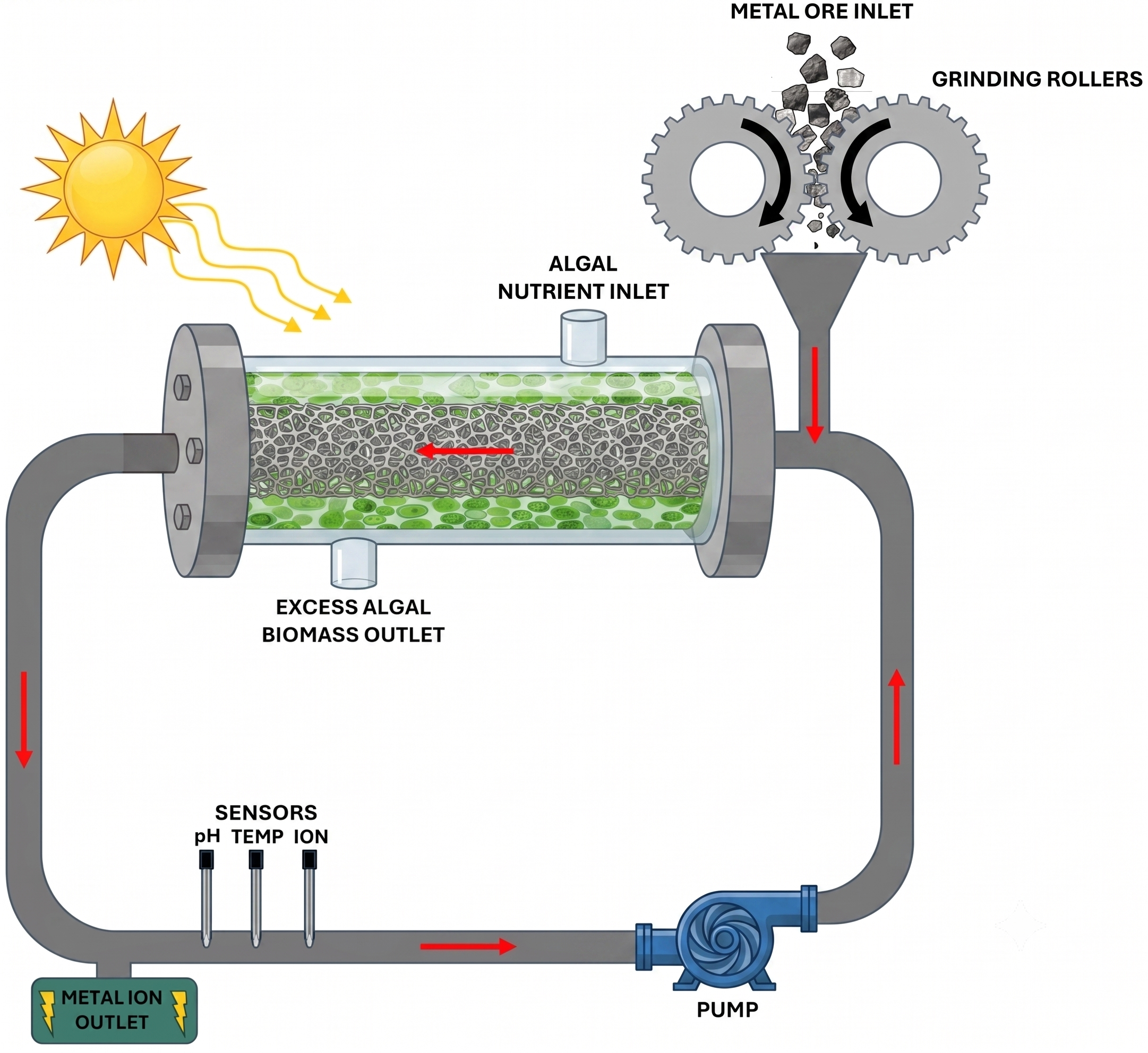 A diagram of how the technology works. Metal ore goes through grinding rollers and through an algal nutrient inlet that has an excess algal biomass outlet then it passes by a metal ion outlet then sensors followed by a pump and cycles through